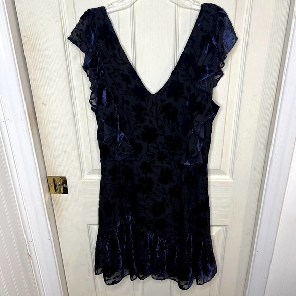 LoveShackFancy Alanis V-Neck Burnout Blue Velvet Ruffle Mini Dress Blue Size 6 - Picture 2 of 9